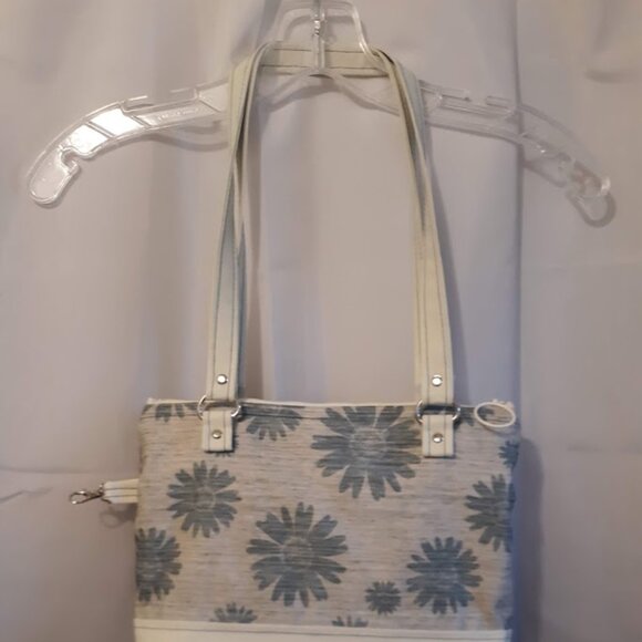 New Floral Vinyl Double handle Shoulder Satchel Bag Purse Greige Teal Canva Boho - Picture 3 of 10